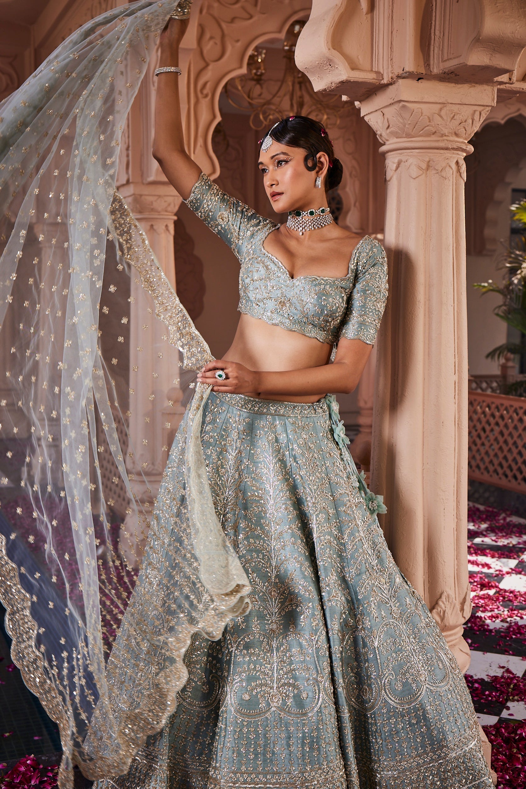Dusty Firoza Heavily Embroidered Lehenga