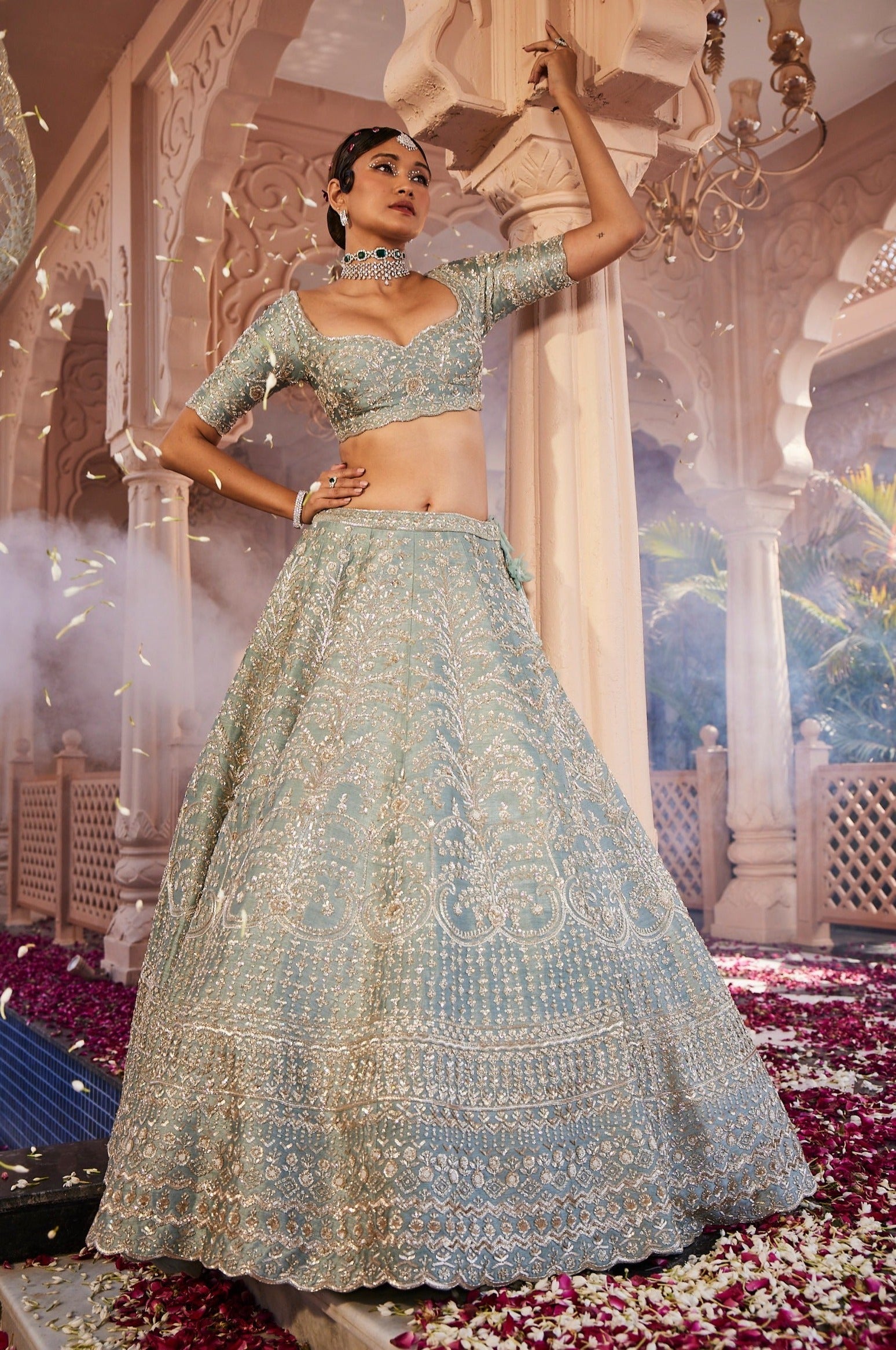 Dusty Firoza Heavily Embroidered Lehenga