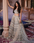 Dusty Firoza Velvet Embroidered Lehenga - WaliaJones