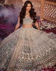 Dusty Firoza Velvet Embroidered Lehenga