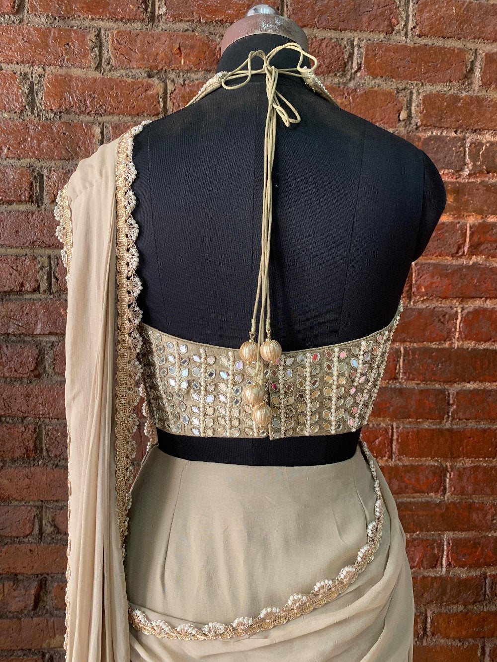Beige Pre-Stitched Saree with Mirror Blouse