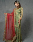 Fern Green and Imperial Red Sharara Set - green anarkali set Canada