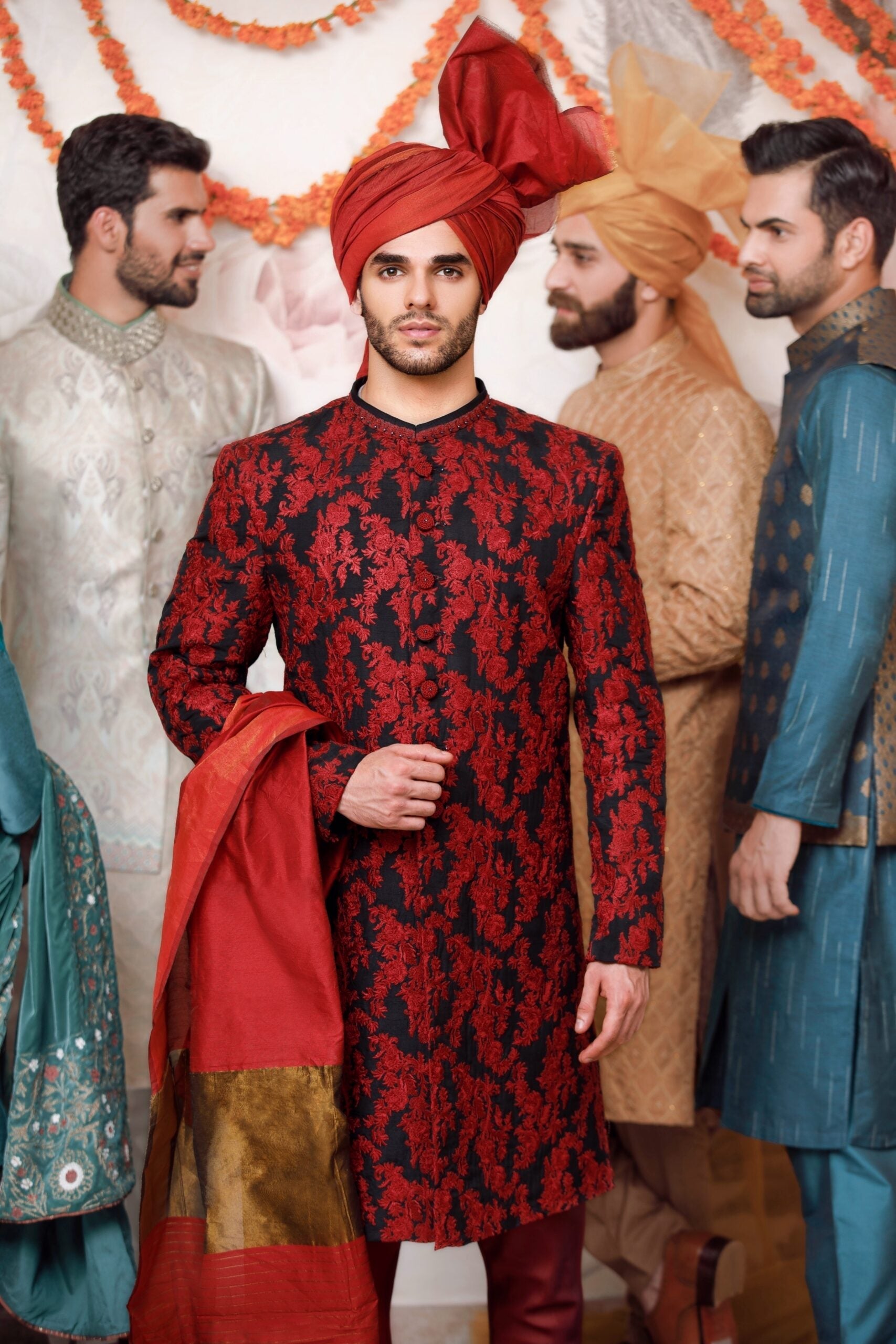 Floral Black and Red Shade Sherwani