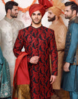 Floral Black and Red Shade Sherwani
