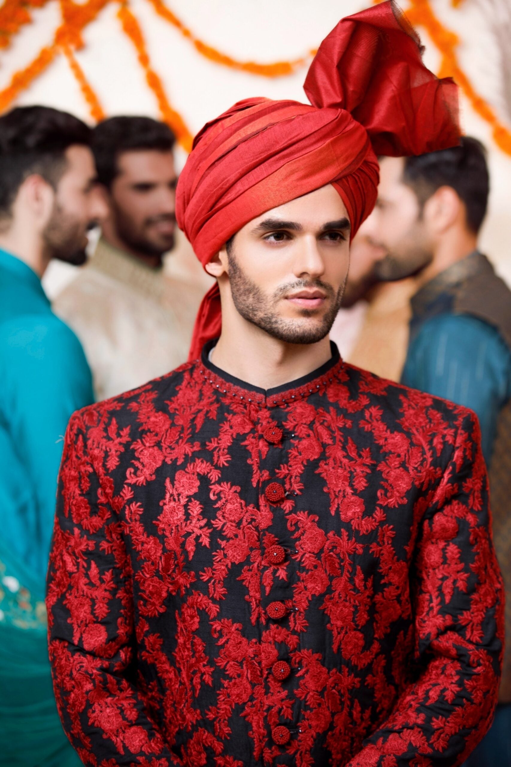 Floral Black and Red Shade Sherwani