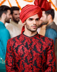 Floral Black and Red Shade Sherwani