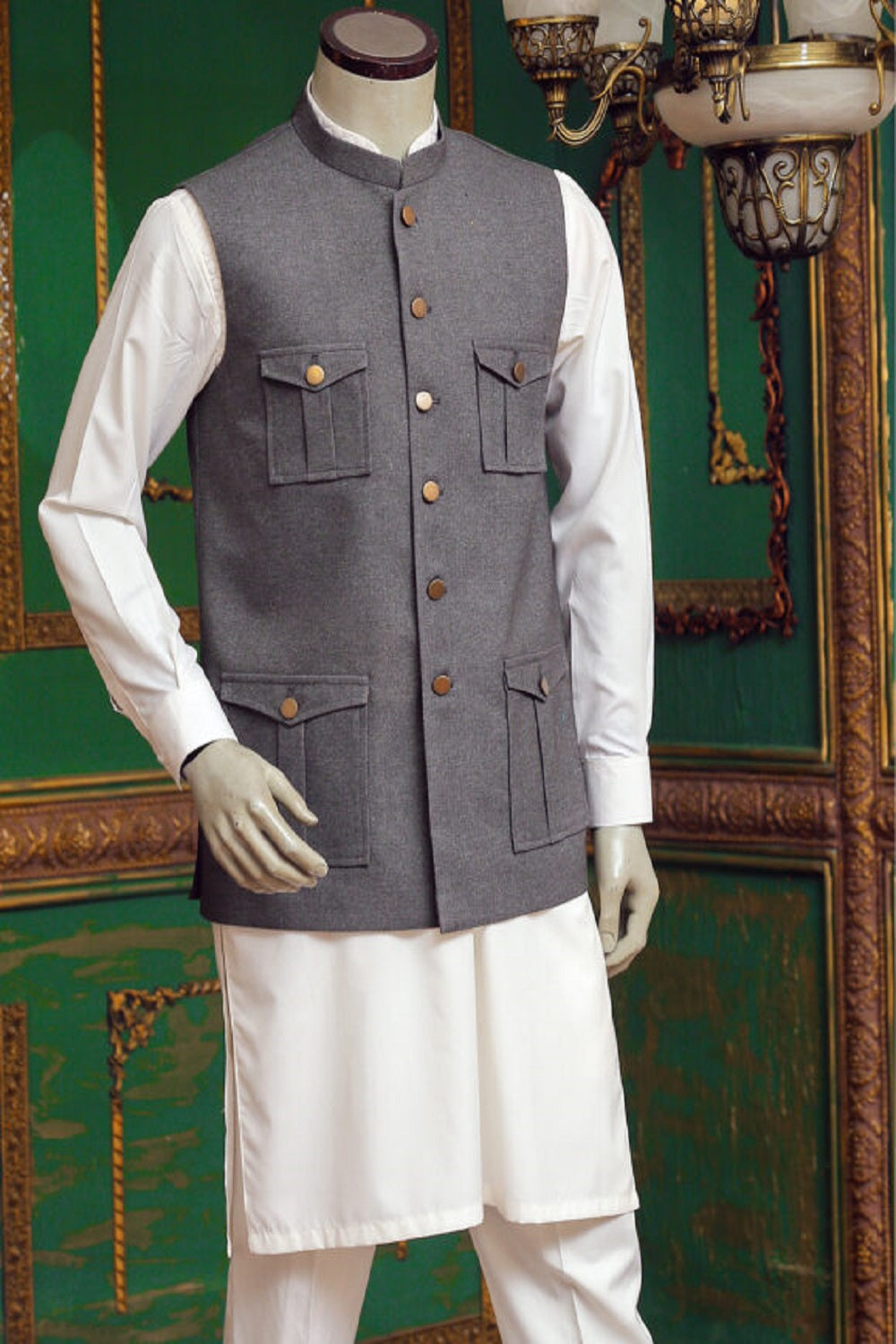Four-Pocket Waistcoat with Ash Grey Wool Fabric