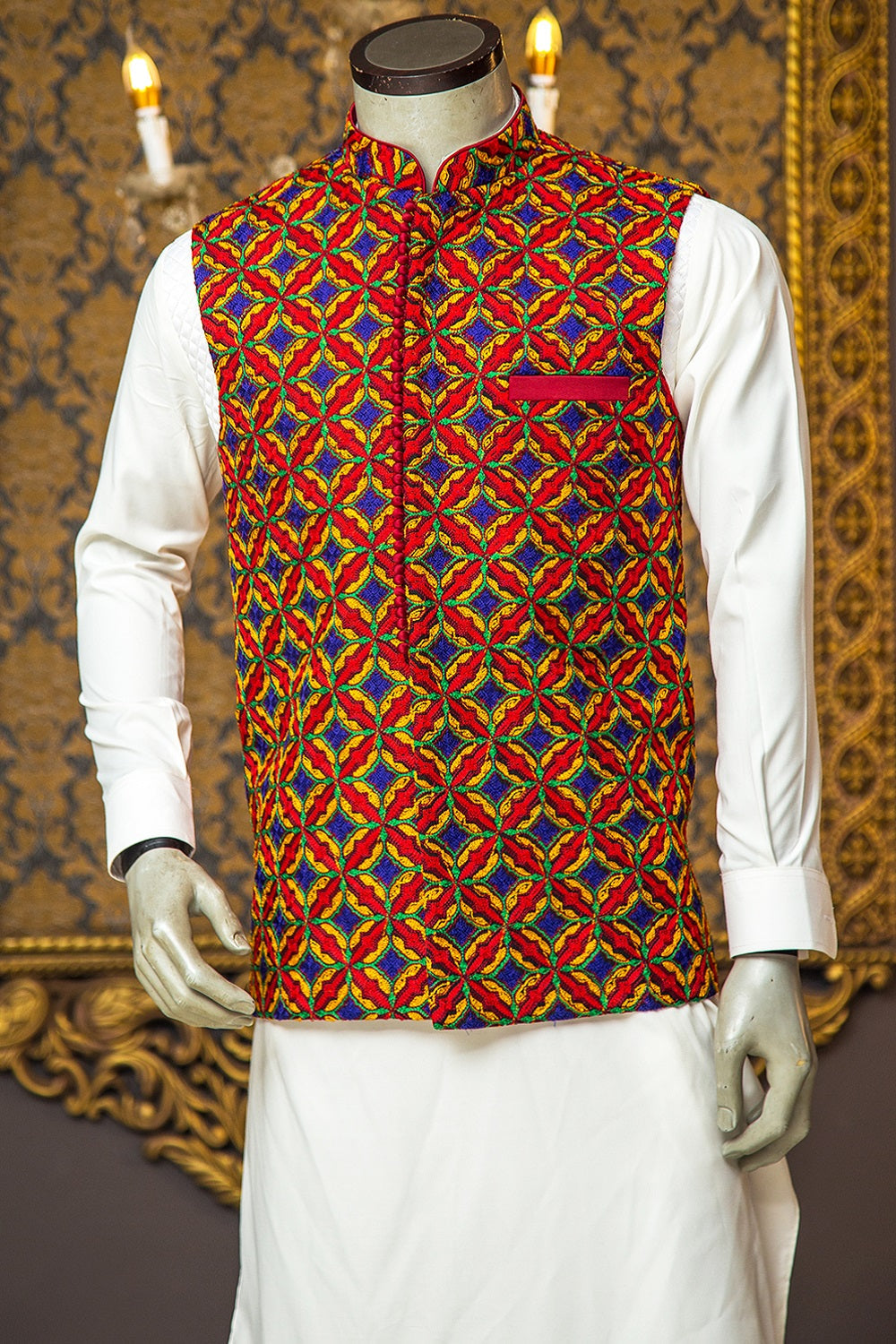 Colorful Loop Button Embroidered Waistcoat