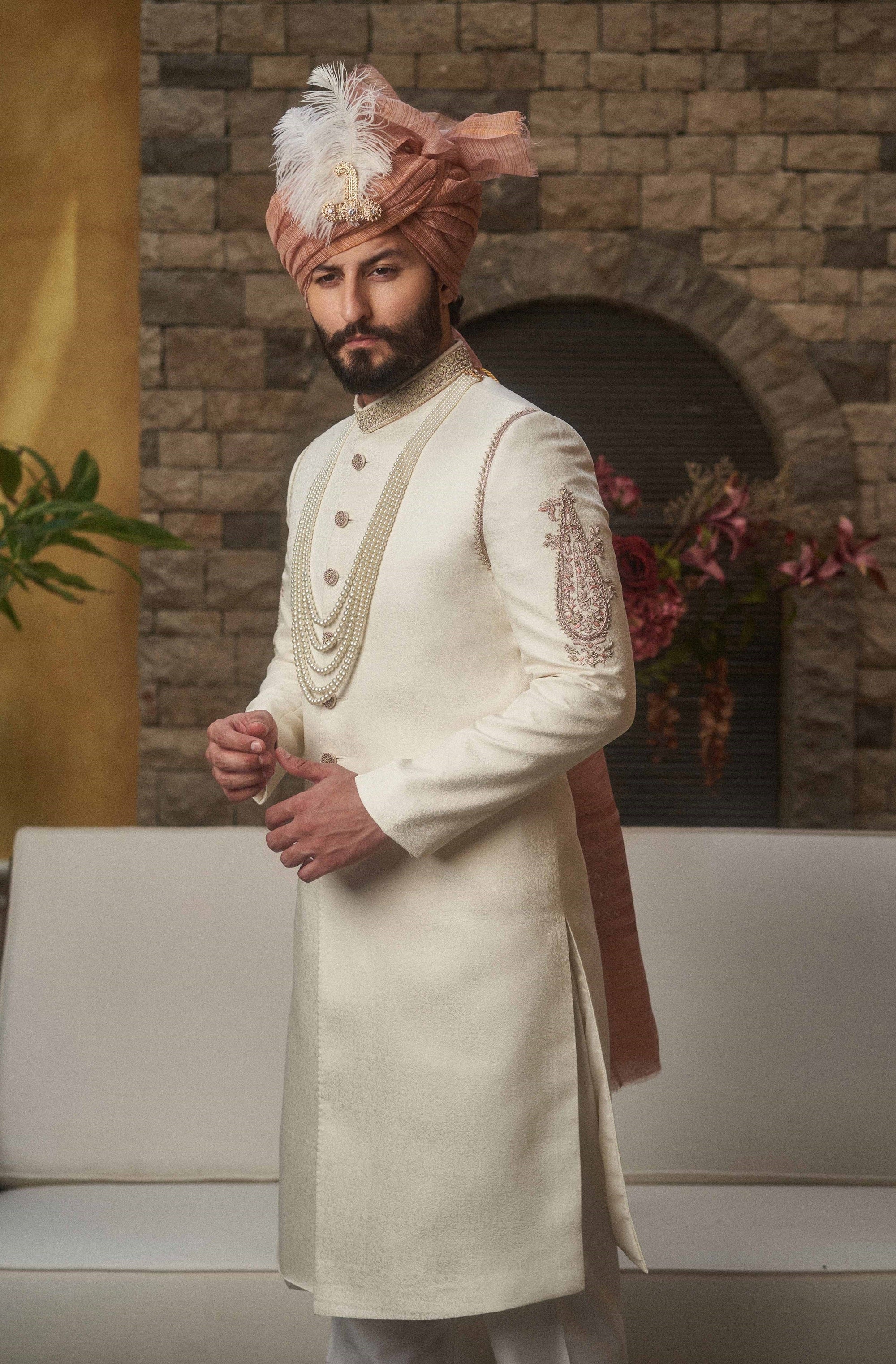 Fully Embroidered Off White Sherwani