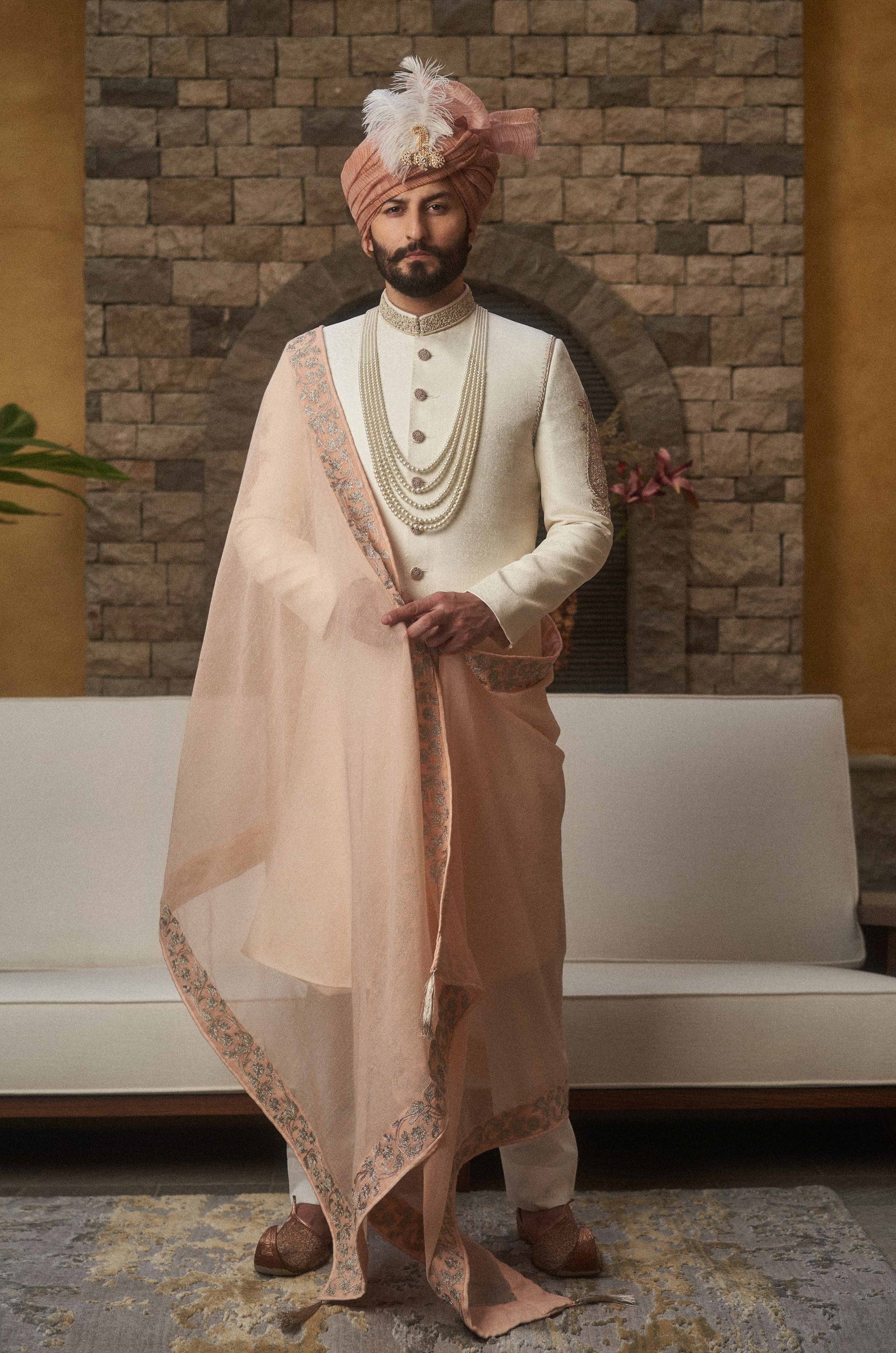 Fully Embroidered Off White Sherwani