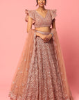 Dusty Peach Organza Thread and Sequins Embroidered Lehenga - designer lehenga New Zealand