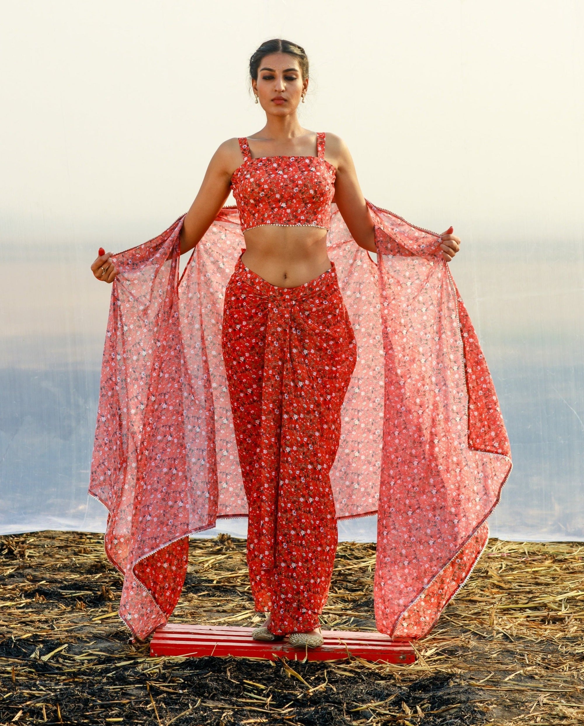 Georgette Printed Draped Dhoti Set - georgette dress
