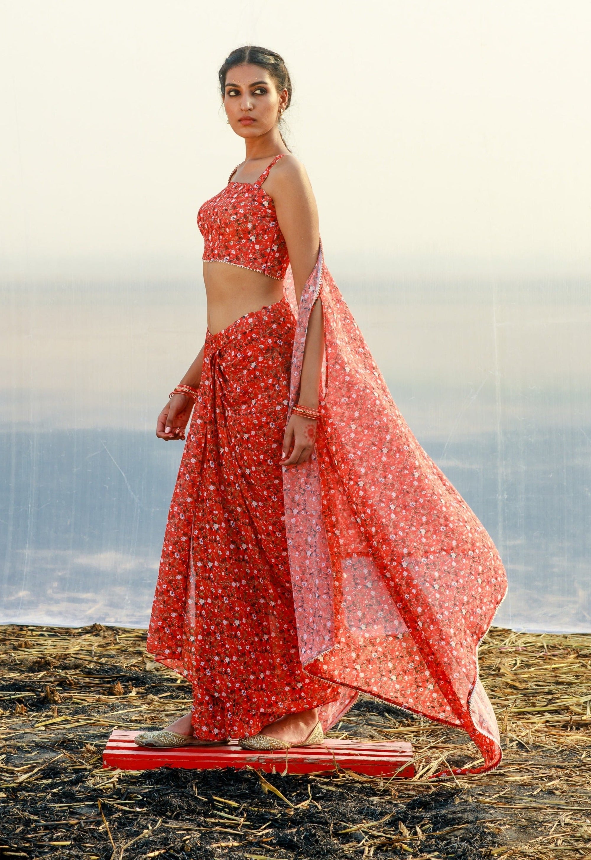 Georgette Printed Draped Dhoti Set - georgette dress
