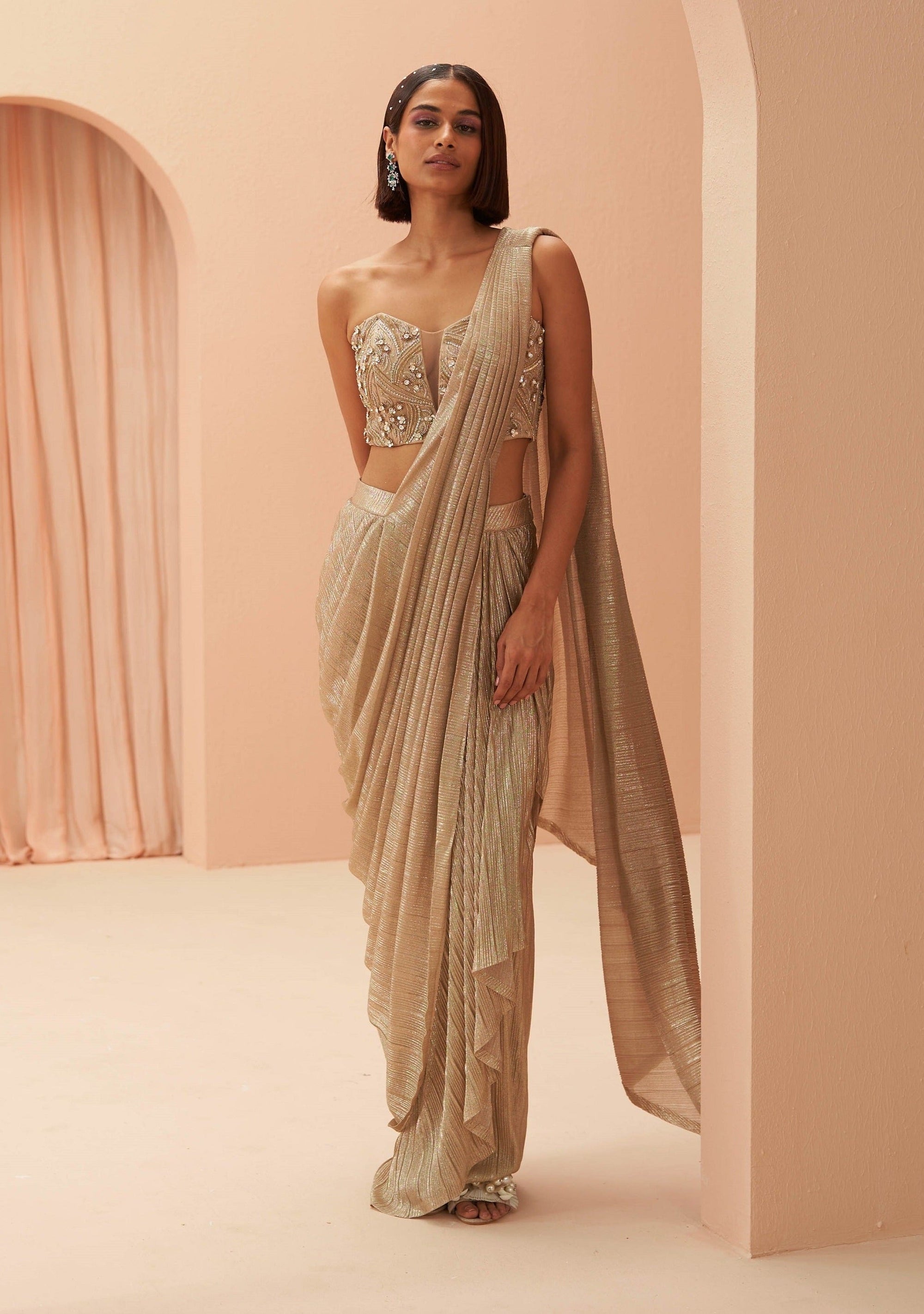 Gold Flake Pleated Saree - saree