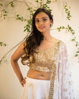 Gold Mirror Work Blouse With White Pearl Lehenga And Net Dupatta - indian lehenga dress