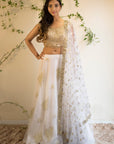 Gold Mirror Work Blouse With White Pearl Lehenga And Net Dupatta - indian lehenga dress