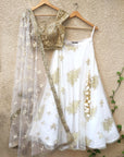 Gold Mirror Work Blouse With White Pearl Lehenga And Net Dupatta - indian lehenga dress