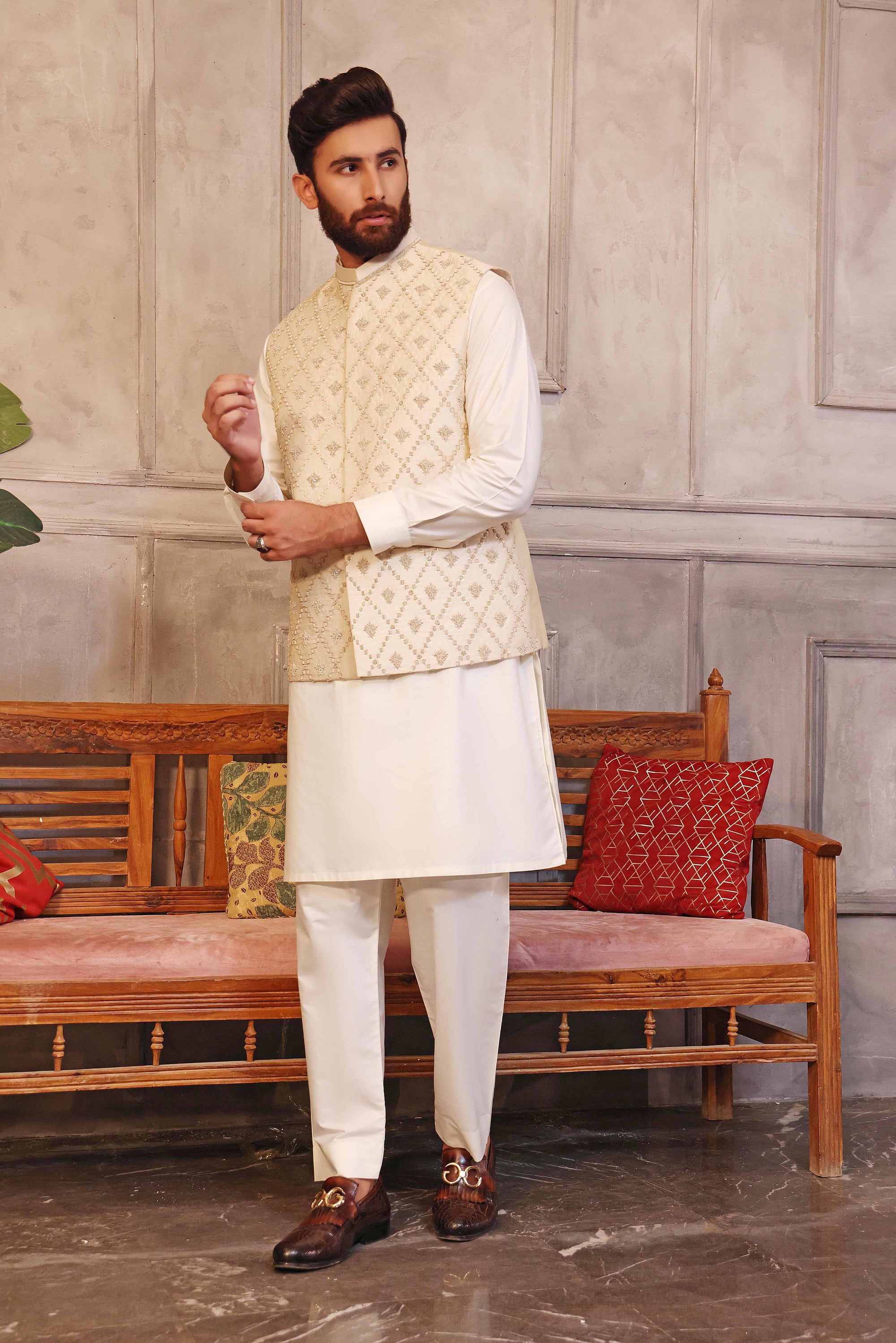 Golden And Silver Colored Motifs Waistcoat With Matching Raw Silk Suit - waistcoat with suit