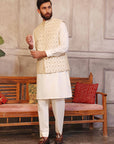 Golden And Silver Colored Motifs Waistcoat With Matching Raw Silk Suit - waistcoat with suit
