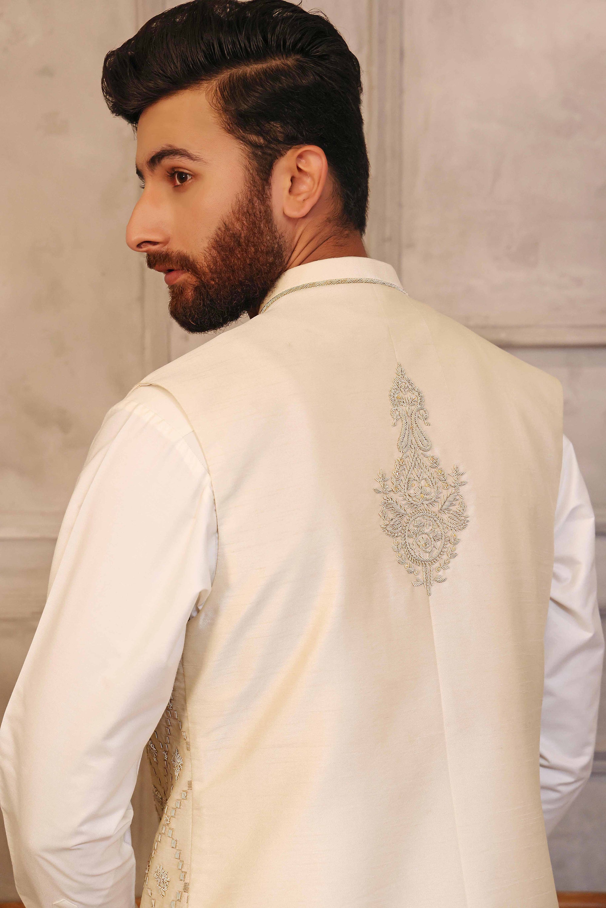 Golden And Silver Colored Motifs Waistcoat With Matching Raw Silk Suit - waistcoat with suit