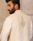 Golden And Silver Colored Motifs Waistcoat With Matching Raw Silk Suit - waistcoat with suit