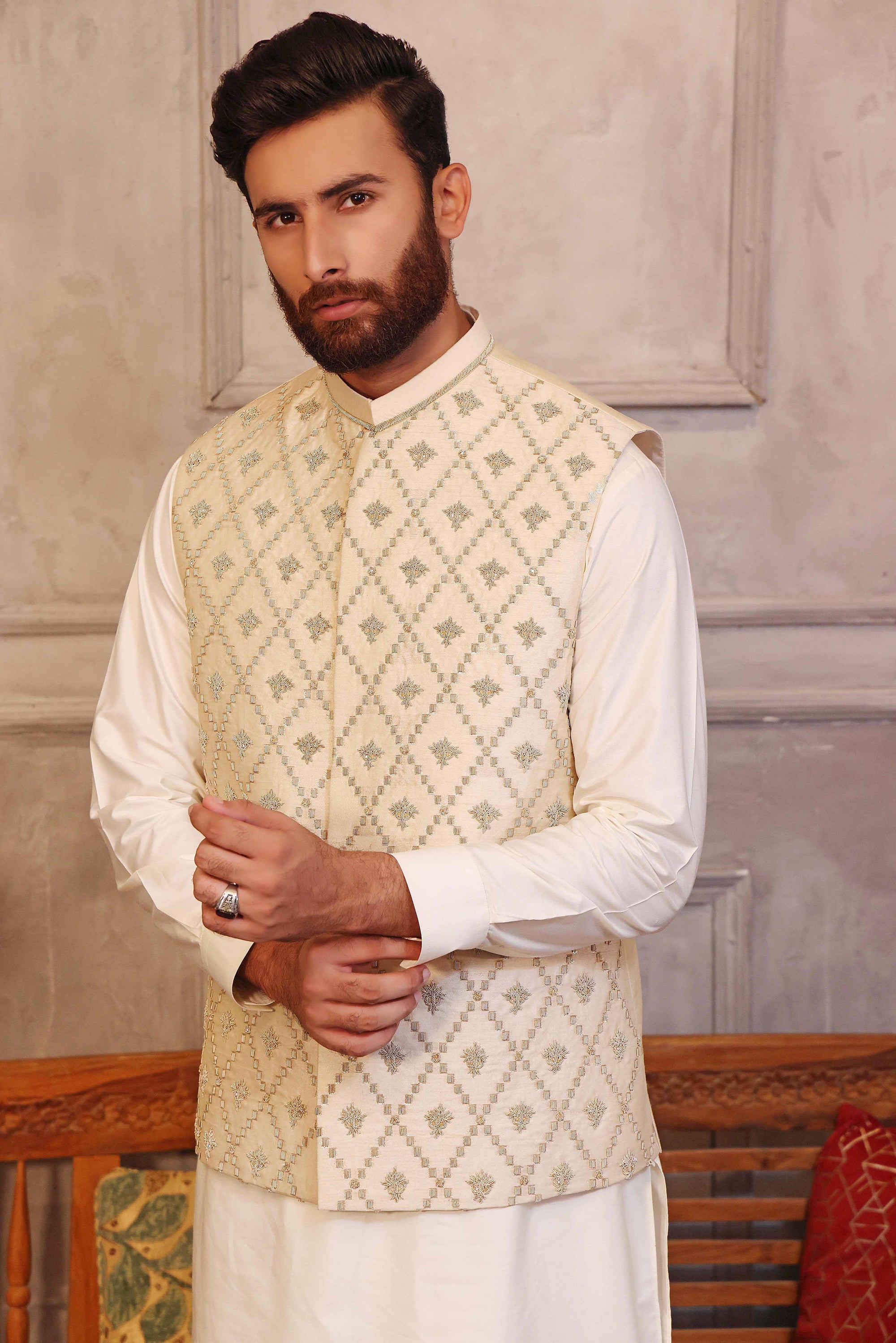 Golden And Silver Colored Motifs Waistcoat With Matching Raw Silk Suit - waistcoat with suit
