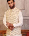 Golden And Silver Colored Motifs Waistcoat With Matching Raw Silk Suit - waistcoat with suit