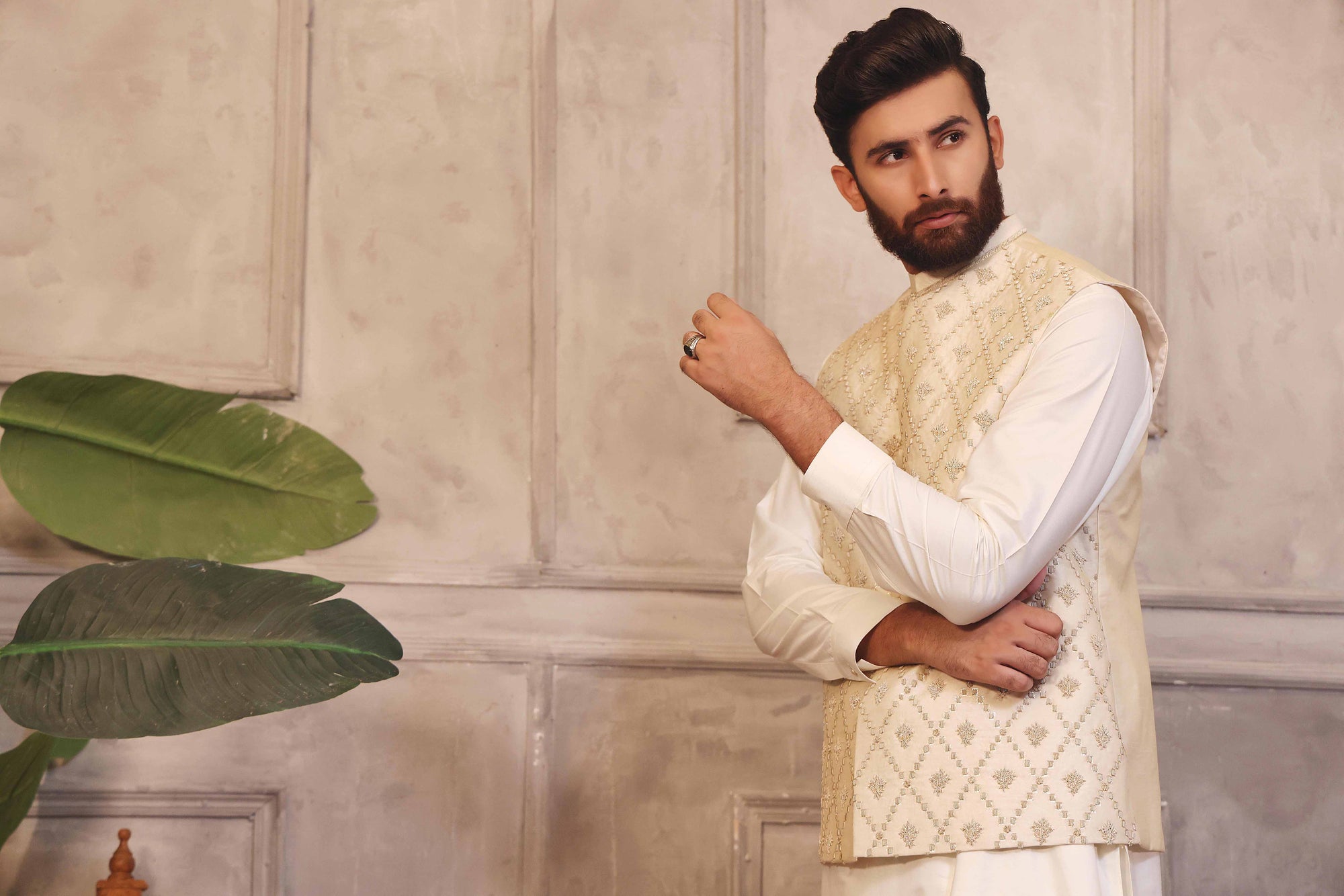 Golden And Silver Colored Motifs Waistcoat With Matching Raw Silk Suit - waistcoat with suit