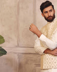 Golden And Silver Colored Motifs Waistcoat With Matching Raw Silk Suit - waistcoat with suit