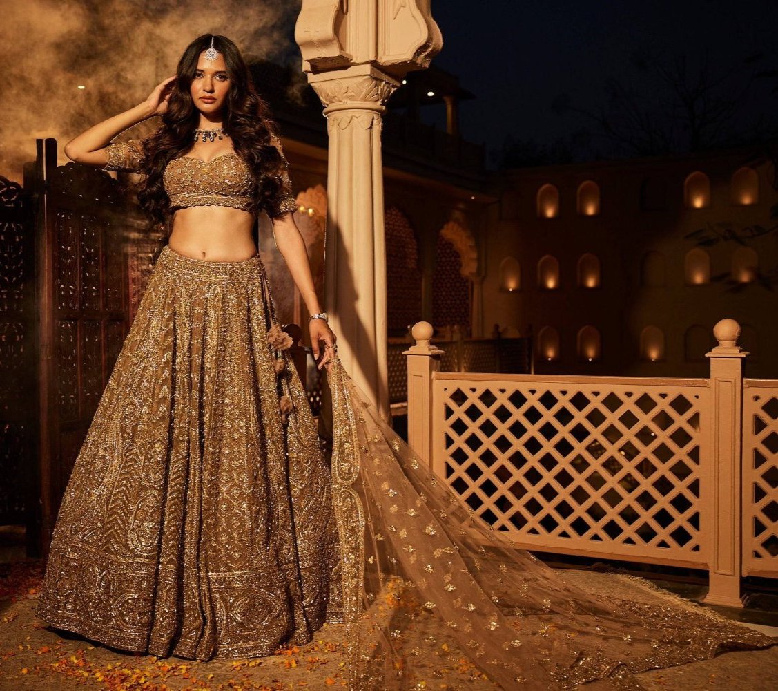 Golden Paisley Embroidered Lehenga - indian bridal lehenga