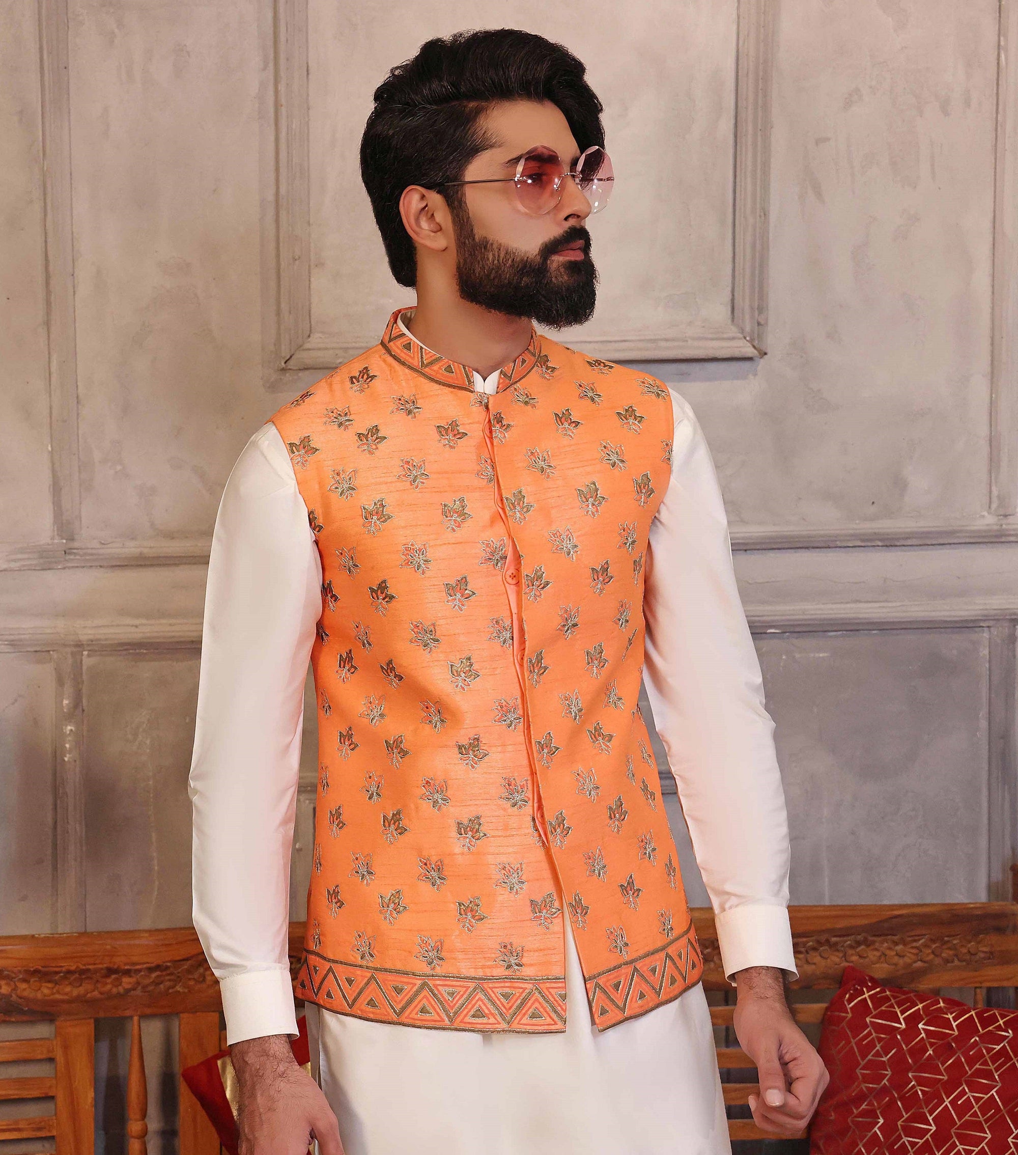 Green Adorned Waistcoat With Matching Raw Silk Suit - indian attire for men