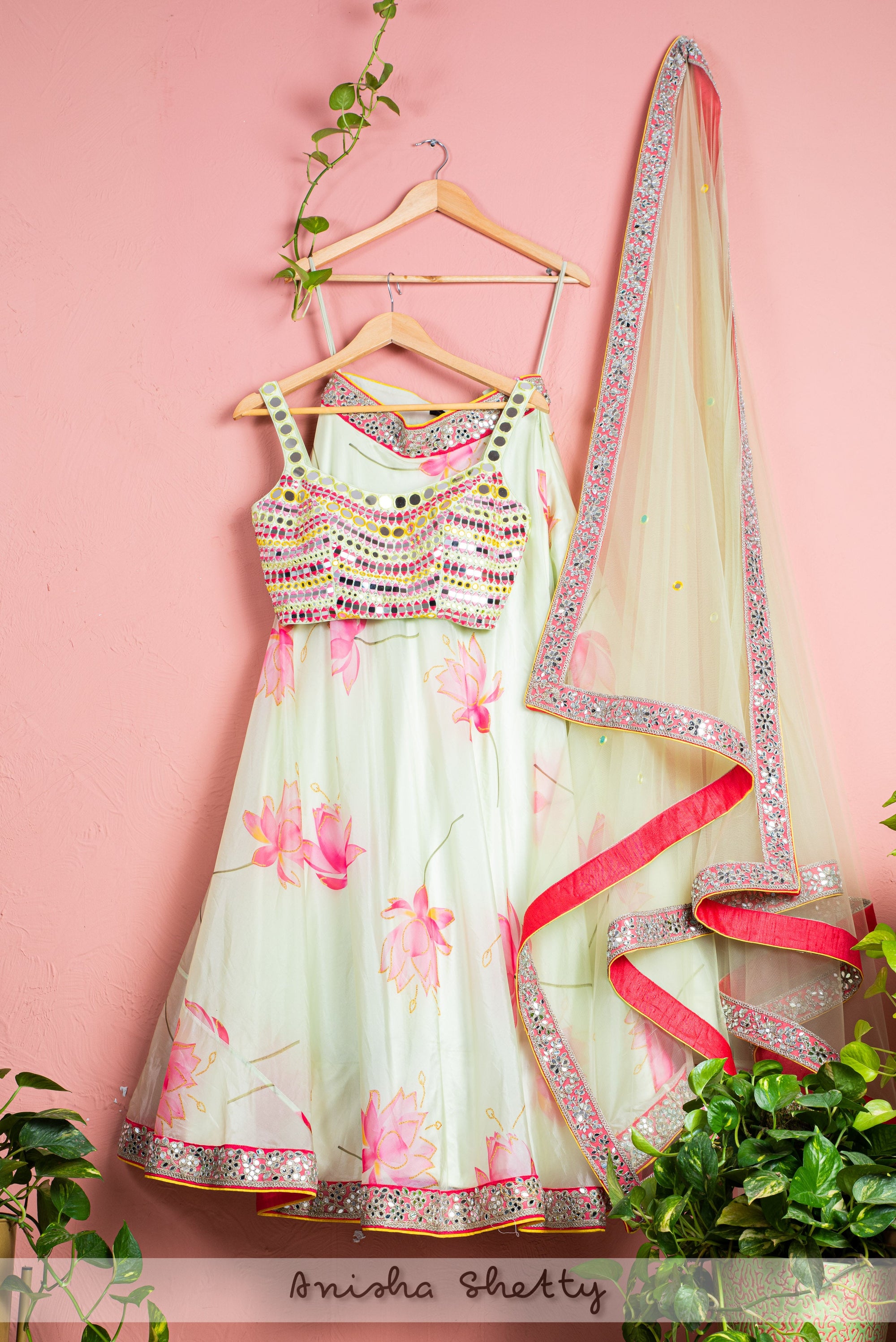 Green Chantily Louts Floral Lehenga With Multicolor Mirror Blouse - floral lehenga set