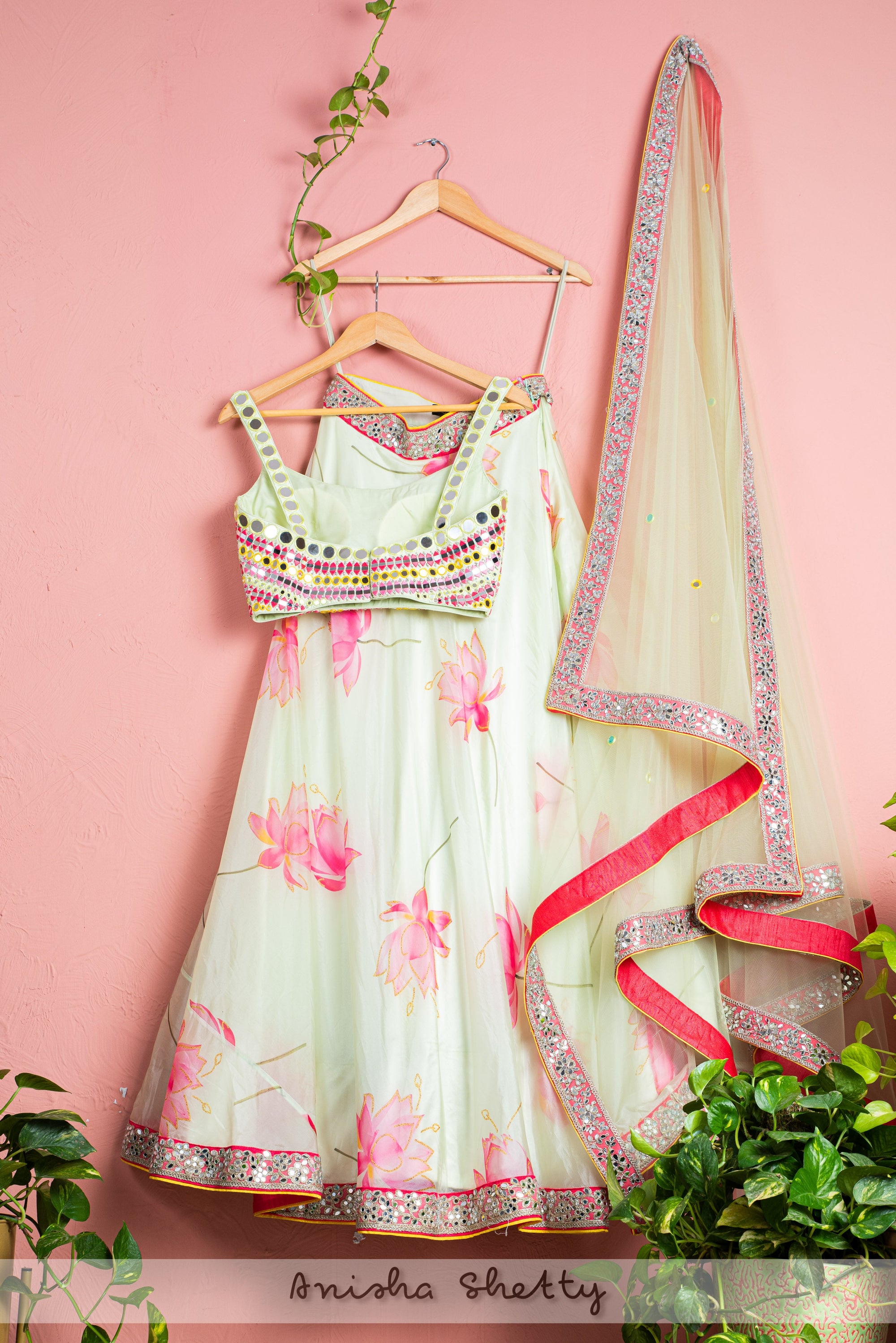 Green Chantily Louts Floral Lehenga With Multicolor Mirror Blouse - floral lehenga set