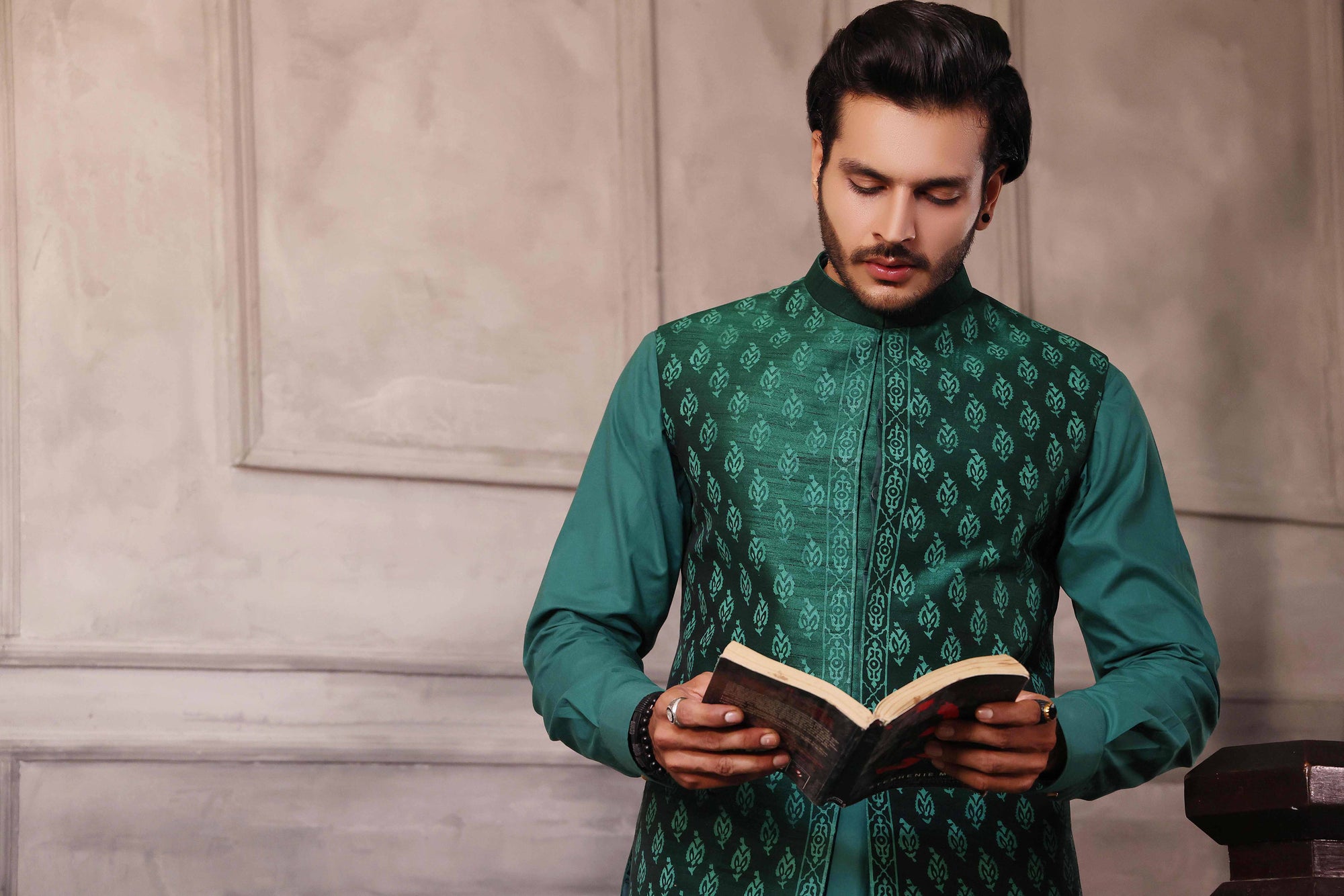 Green Golden Motifs Pattern Waistcoat With Matching Raw Silk Suit - desi cloth for men