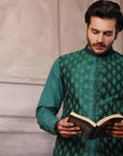 Green Golden Motifs Pattern Waistcoat With Matching Raw Silk Suit - desi cloth for men