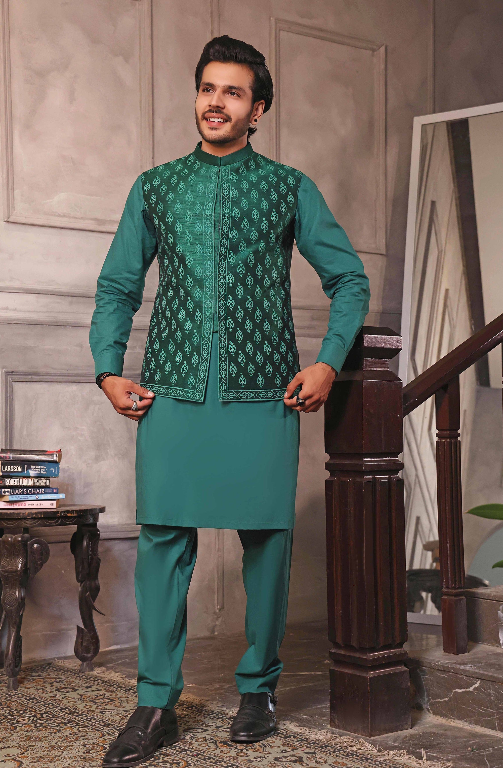 Green Golden Motifs Pattern Waistcoat With Matching Raw Silk Suit - desi cloth for men