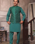 Green Golden Motifs Pattern Waistcoat With Matching Raw Silk Suit - desi cloth for men