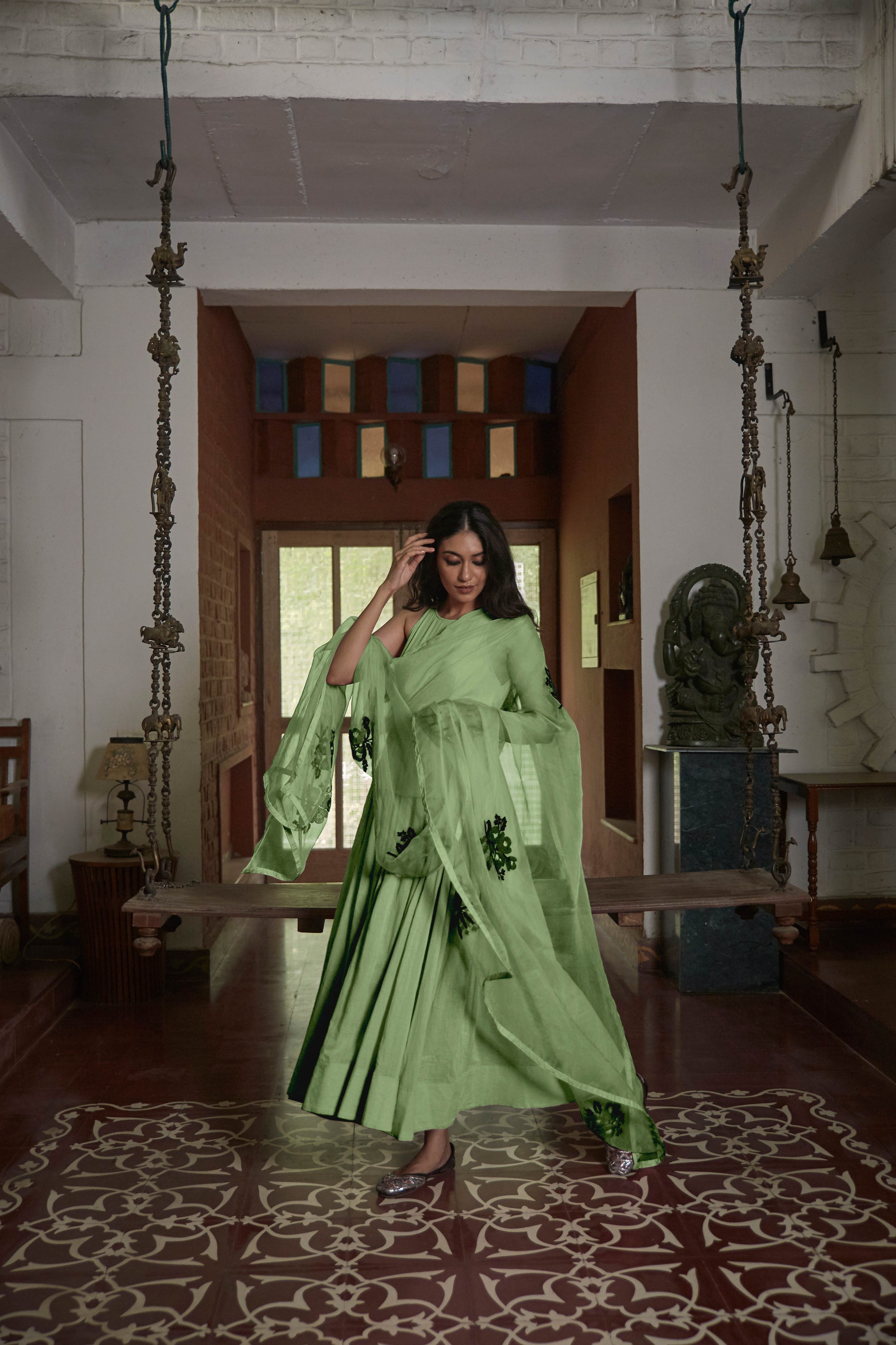 Green Gulabh Anarkali With Organza Phool Dupatta - green anarkali