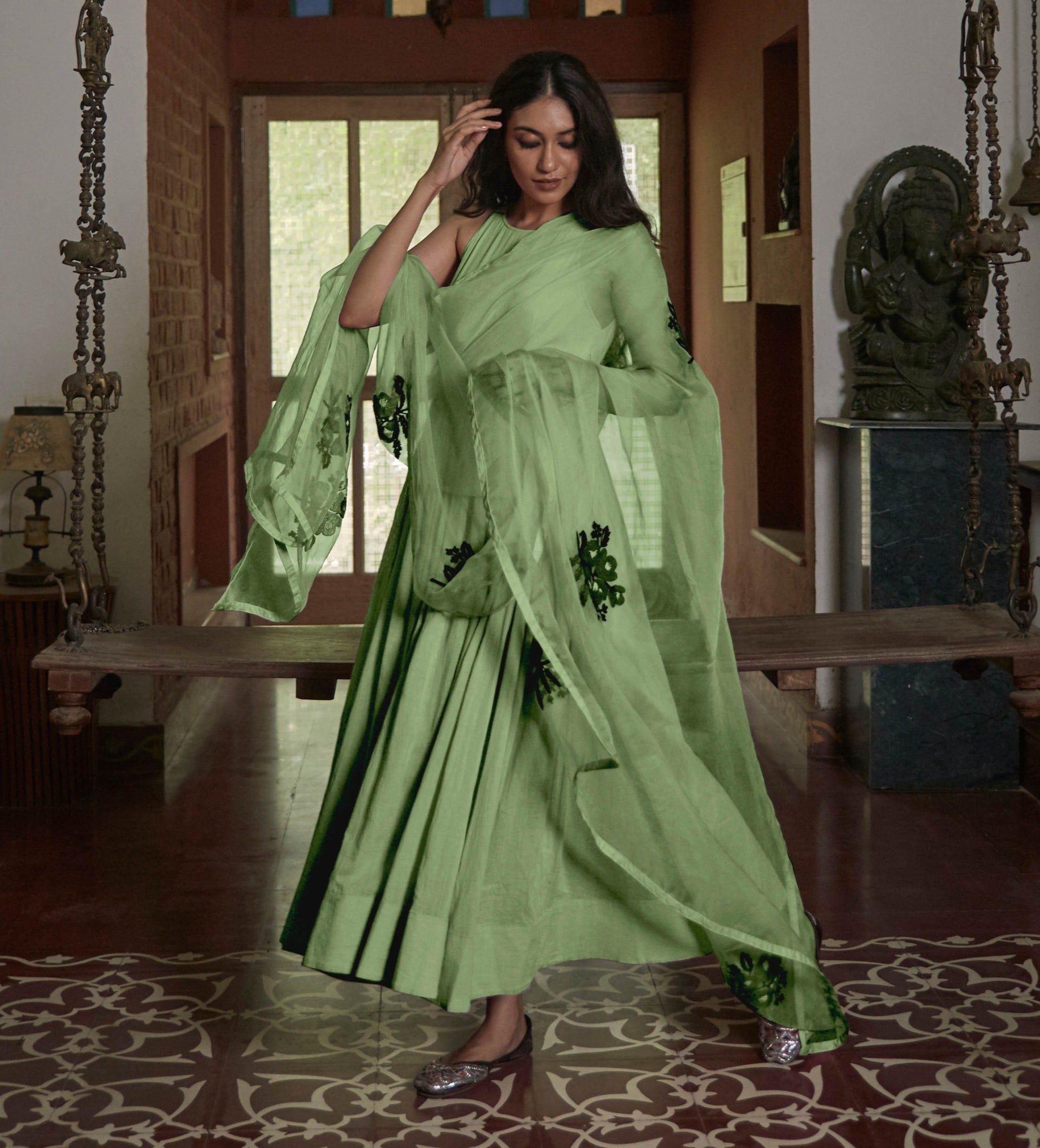 Green Gulabh Anarkali With Organza Phool Dupatta - green anarkali