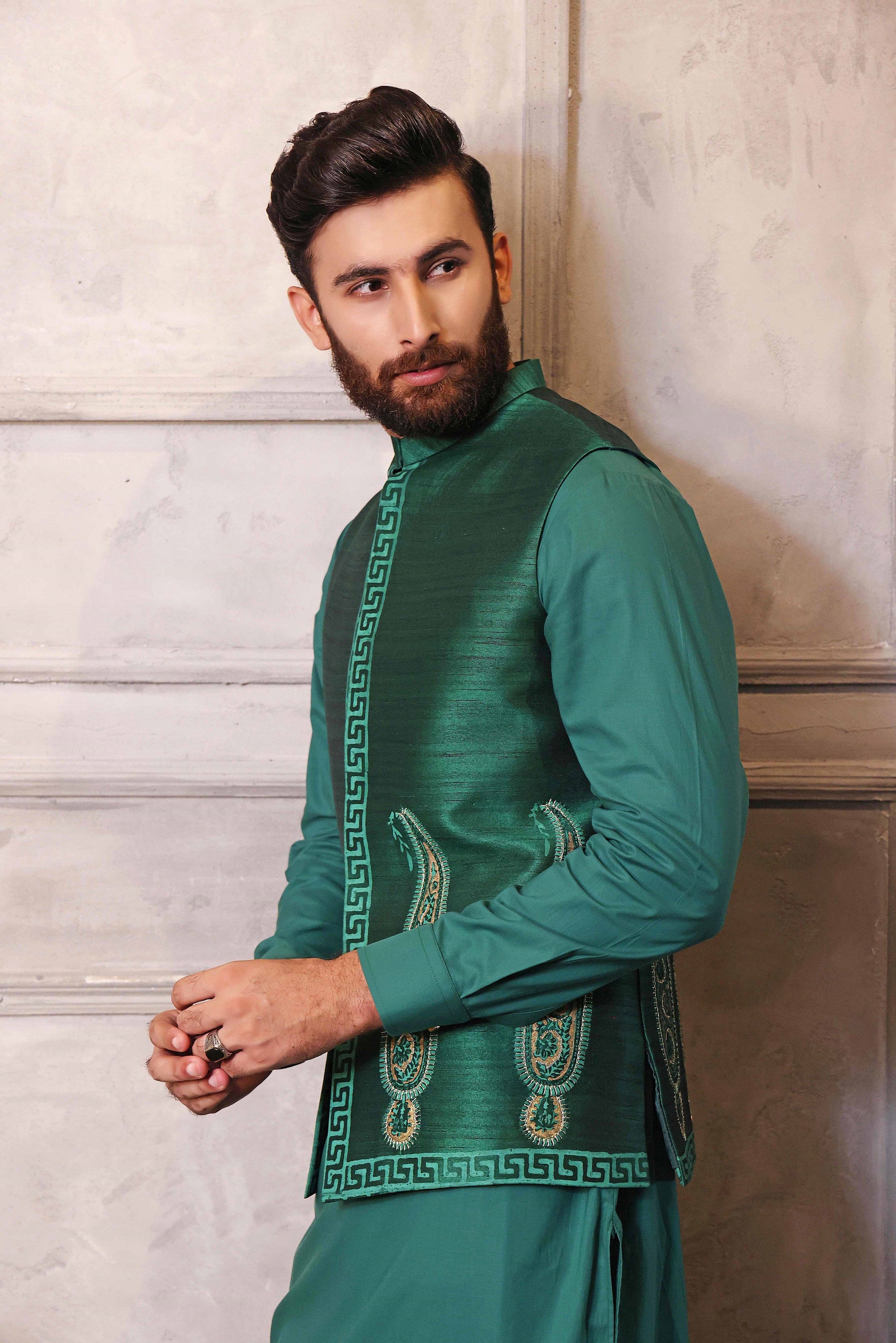 Green Kaju Shaped Design Waistcoat With Matching Raw Silk Suit - indian attire for men
