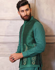 Green Kaju Shaped Design Waistcoat With Matching Raw Silk Suit - indian attire for men