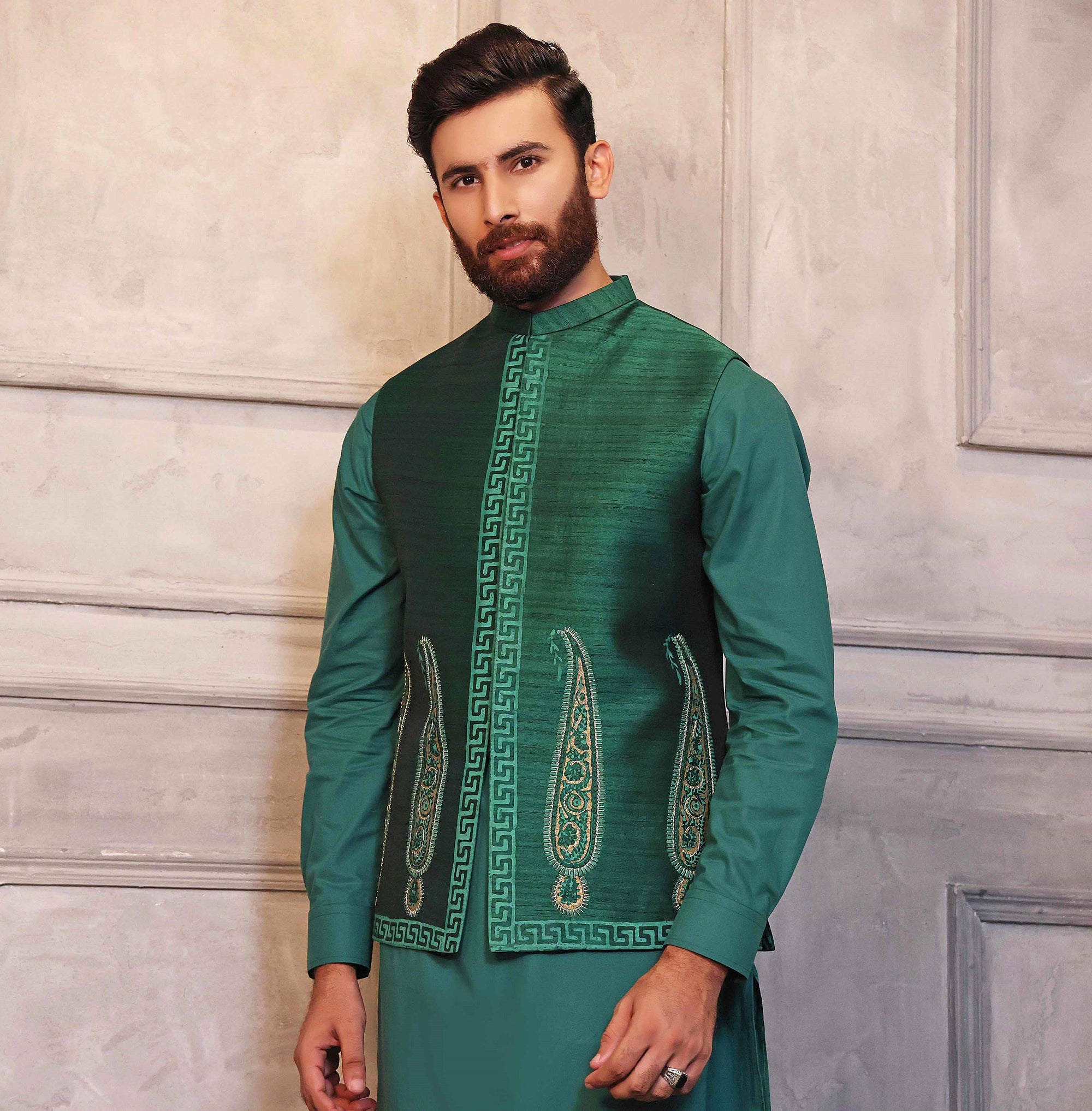 Green Kaju Shaped Design Waistcoat With Matching Raw Silk Suit - indian attire for men