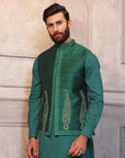 Green Kaju Shaped Design Waistcoat With Matching Raw Silk Suit - indian attire for men