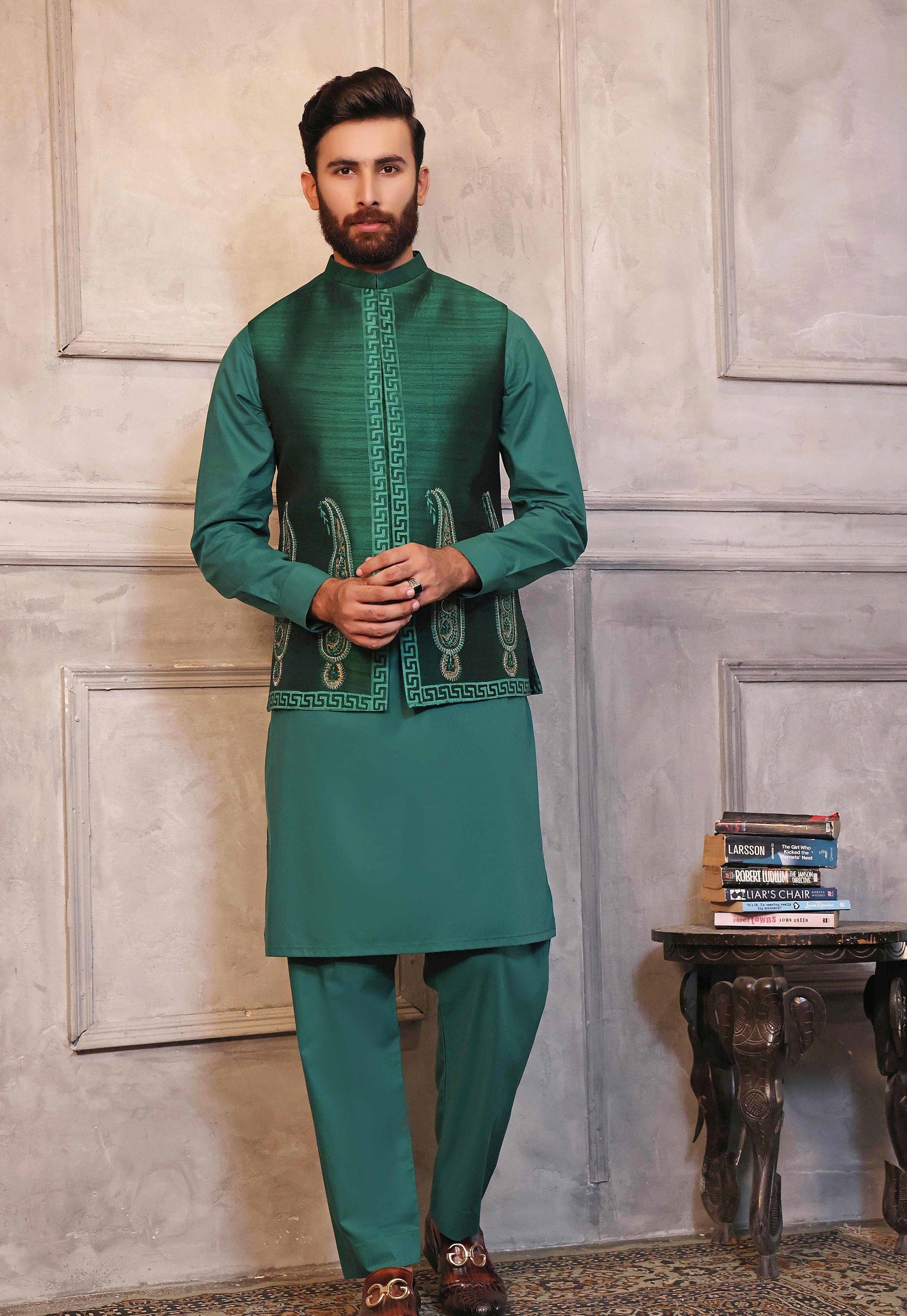 Green Kaju Shaped Design Waistcoat With Matching Raw Silk Suit - indian attire for men