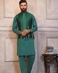 Green Kaju Shaped Design Waistcoat With Matching Raw Silk Suit - indian attire for men