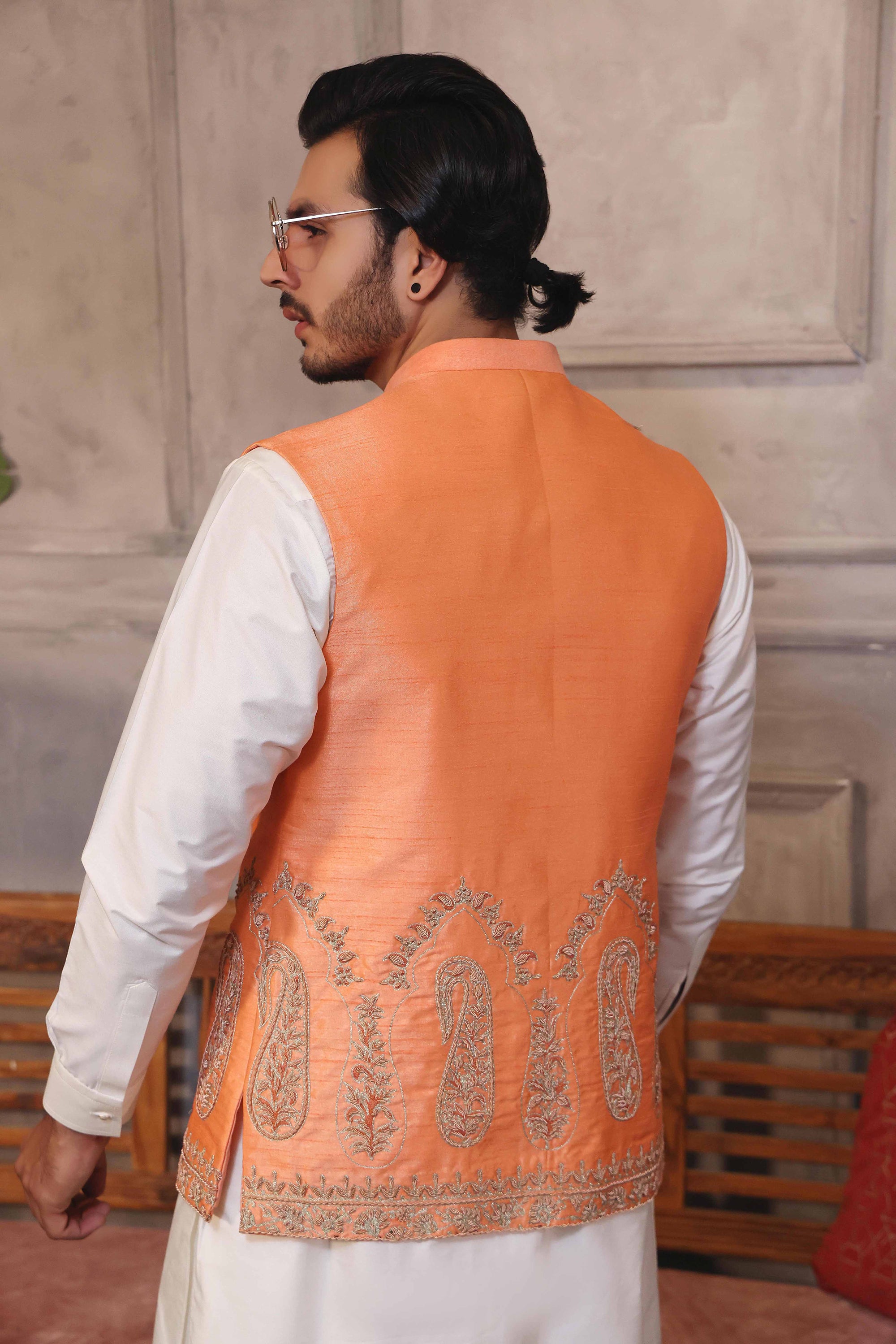 Green Kaju Shaped Design Waistcoat With Matching Raw Silk Suit - waistcoat for men