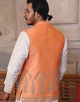 Green Kaju Shaped Design Waistcoat With Matching Raw Silk Suit - waistcoat for men