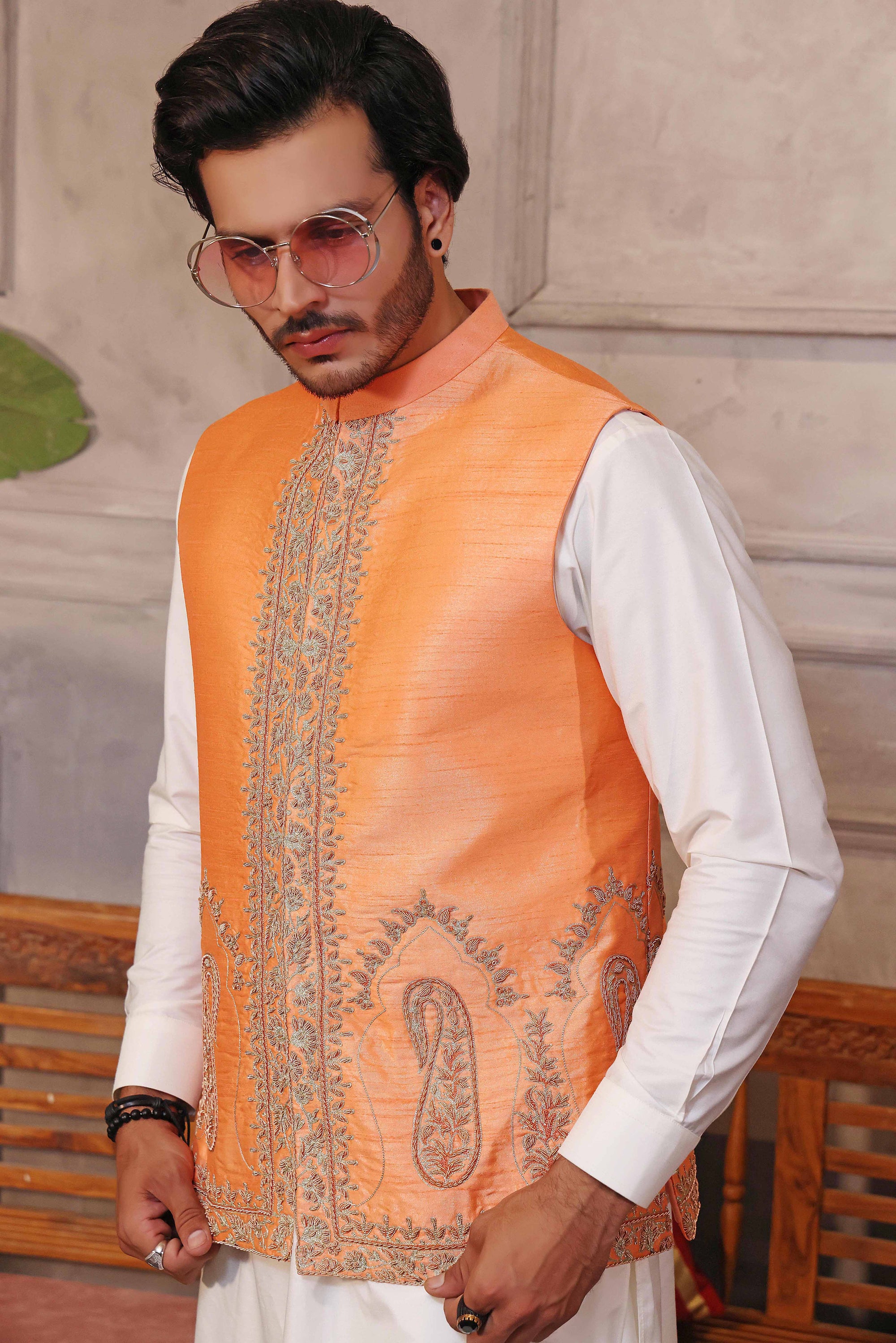 Green Kaju Shaped Design Waistcoat With Matching Raw Silk Suit - waistcoat for men