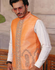 Green Kaju Shaped Design Waistcoat With Matching Raw Silk Suit - waistcoat for men