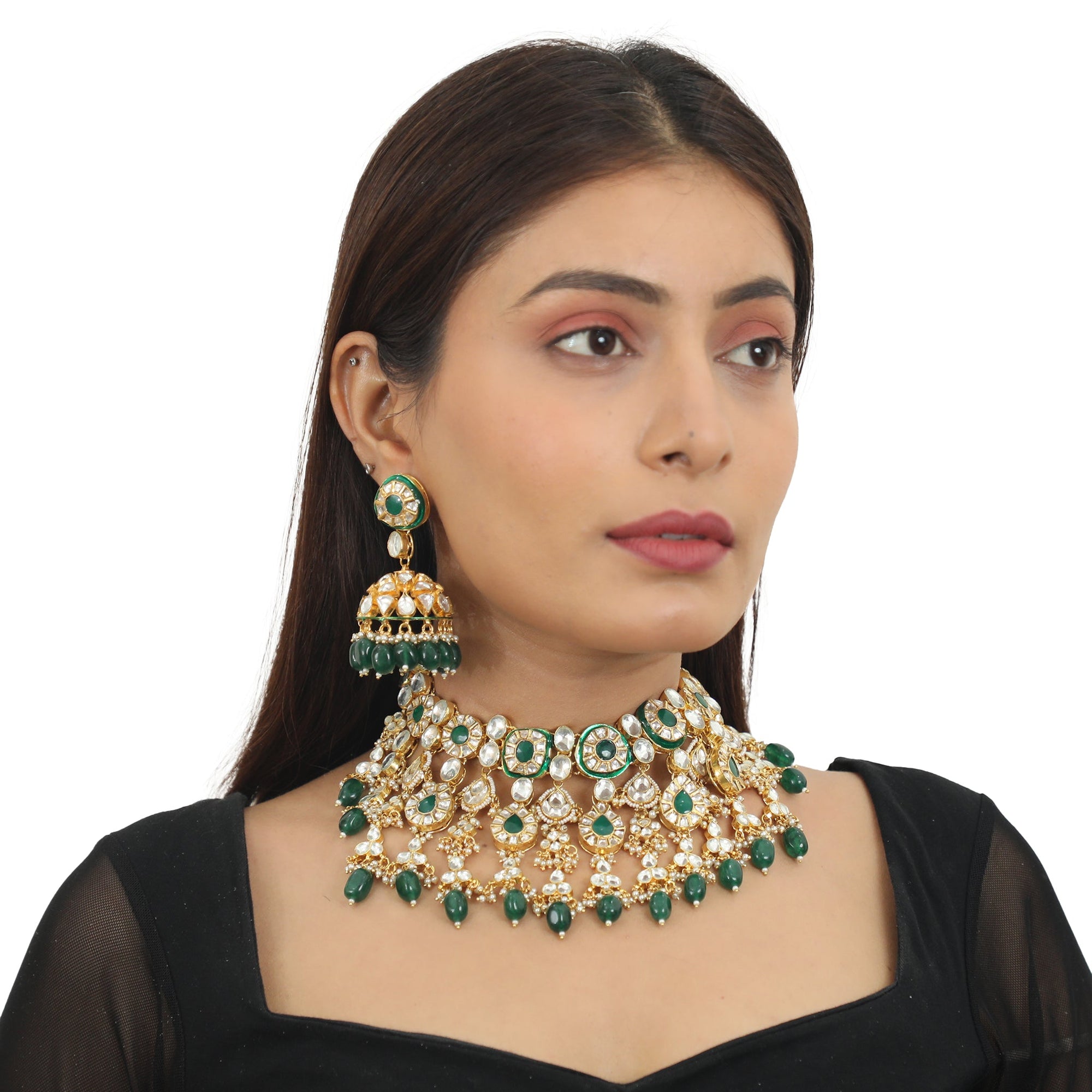 Green Meenakari Double Layered Necklace Set - indian necklace set